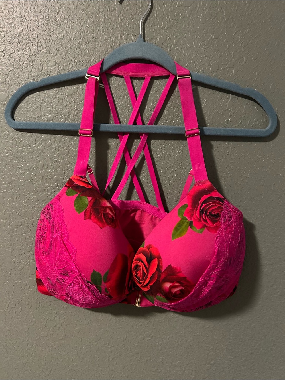 Cacique pink bra with red roses and green leaves, size 40DDD #lingerie #roses